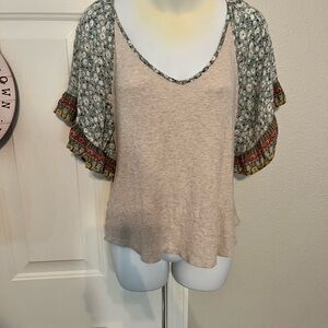Maurices Beige Blouse with Patterned Sleeves